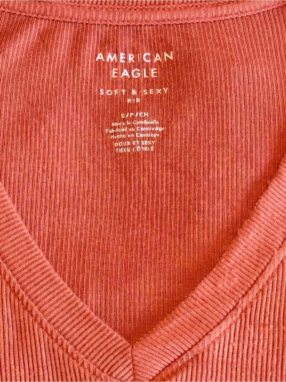 American Eagle Soft & Sexy Ribbed V-Neck Tee Dusty Rose Terracotta Size Small - Picture 3 of 5